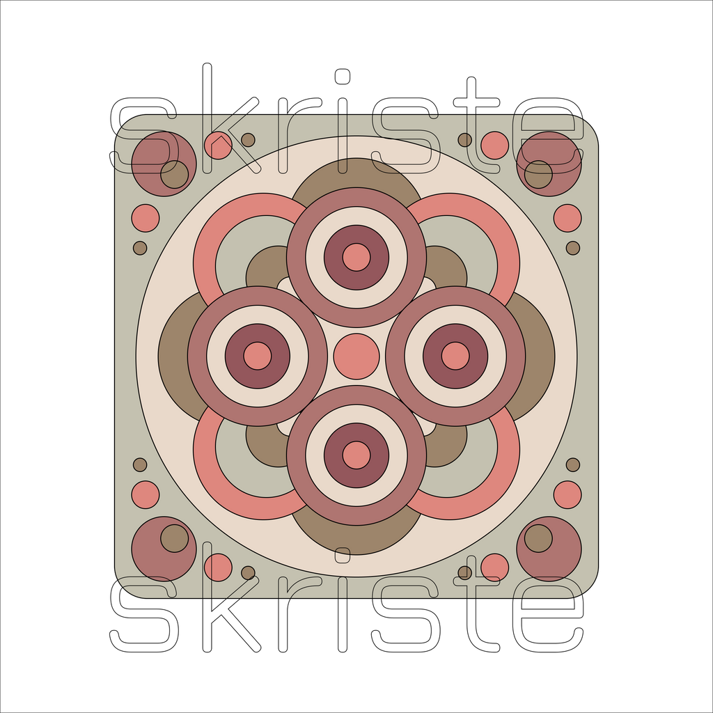 A square abstract pattern artwork with concentric circles, arcs, and dots in muted pink, terracotta, taupe, cream, and brown tones on a white background. A large semi-transparent 'skriste' watermark overlays the design.