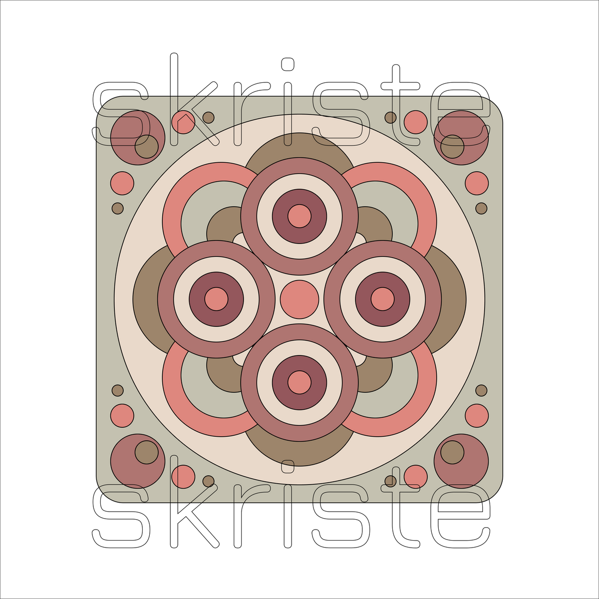 A square abstract pattern artwork with concentric circles, arcs, and dots in muted pink, terracotta, taupe, cream, and brown tones on a white background. A large semi-transparent 'skriste' watermark overlays the design.