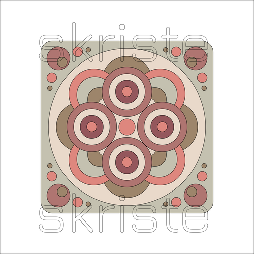 A square abstract pattern artwork with concentric circles, arcs, and dots in muted pink, terracotta, taupe, cream, and brown tones on a white background. A large semi-transparent 'skriste' watermark overlays the design.