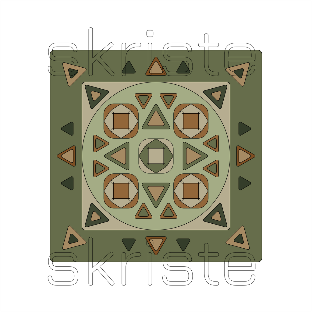 A square geometric pattern design with concentric circles and triangles in olive green, beige, brown, and dark green, overlaid with a semi-transparent 'skriste' watermark.
