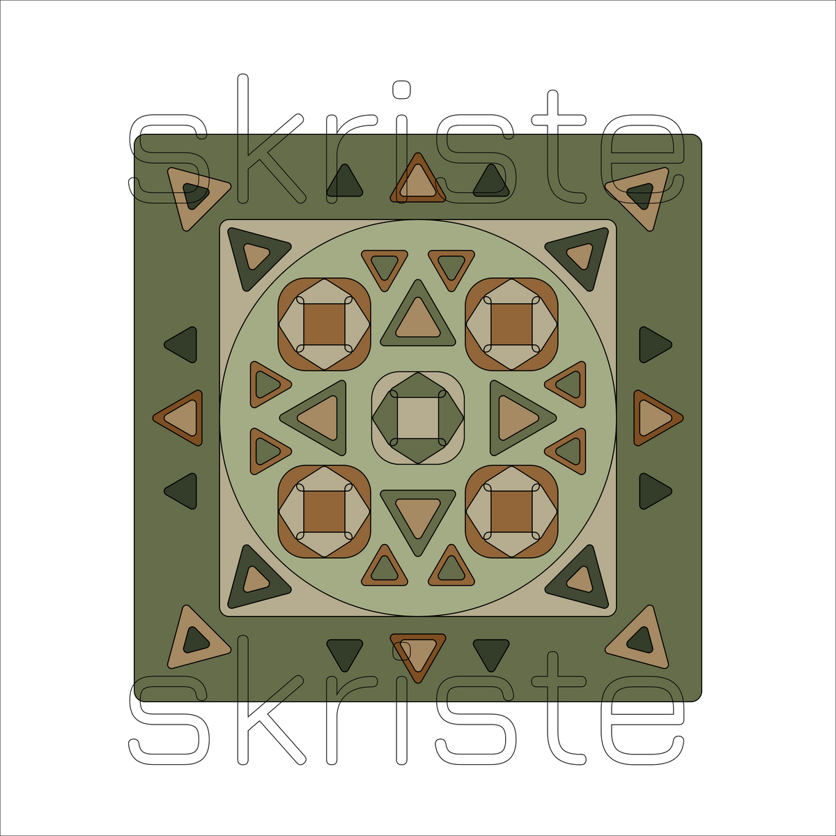 A square geometric pattern design with concentric circles and triangles in olive green, beige, brown, and dark green, overlaid with a semi-transparent 'skriste' watermark.