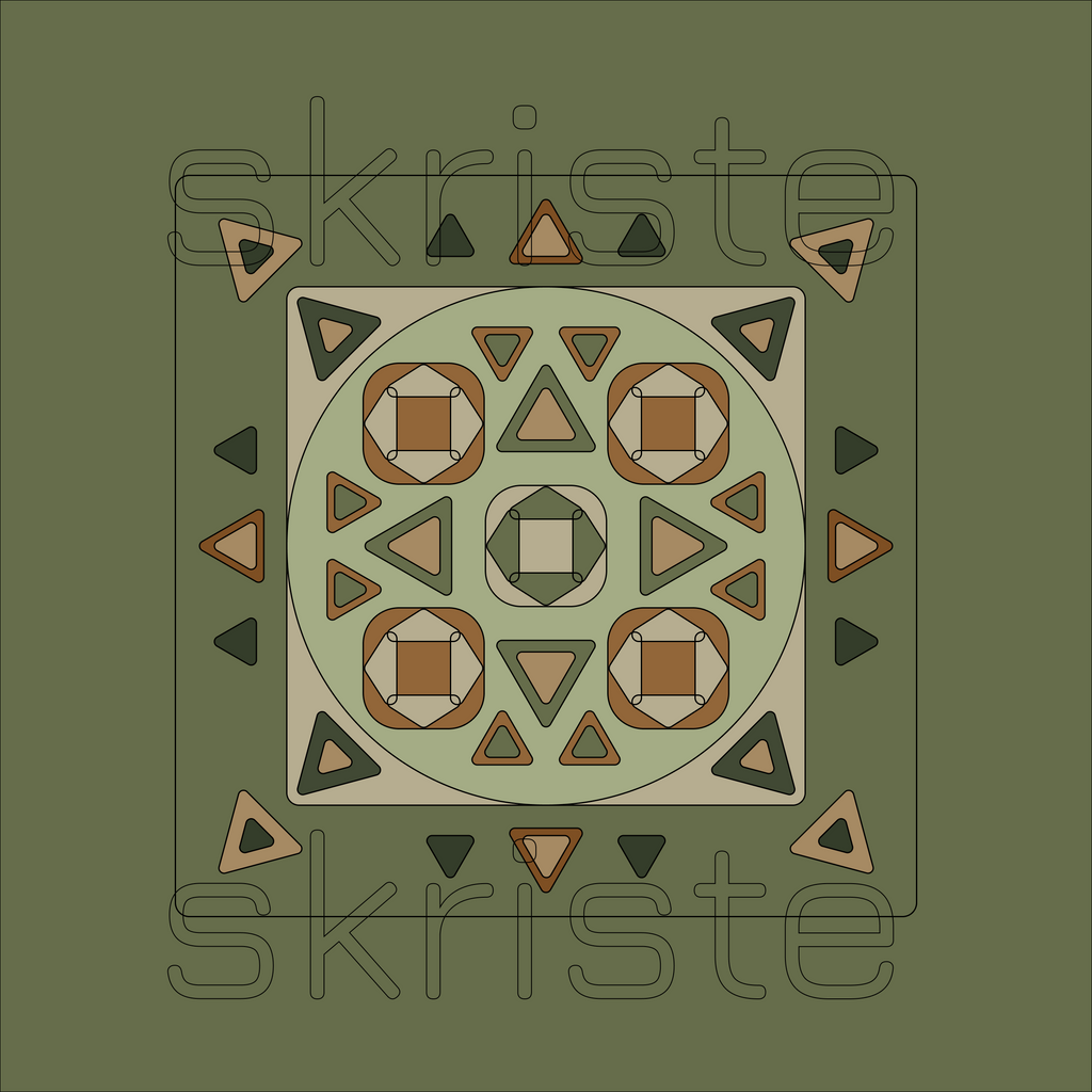 A square abstract geometric design with a central square and circular motif in muted olive, beige, brown, and dark green, surrounded by small repeated corner and side shapes. The word 'skriste' appears faintly across the artwork.