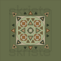 A square abstract geometric design with a central square and circular motif in muted olive, beige, brown, and dark green, surrounded by small repeated corner and side shapes. The word 'skriste' appears faintly across the artwork.
