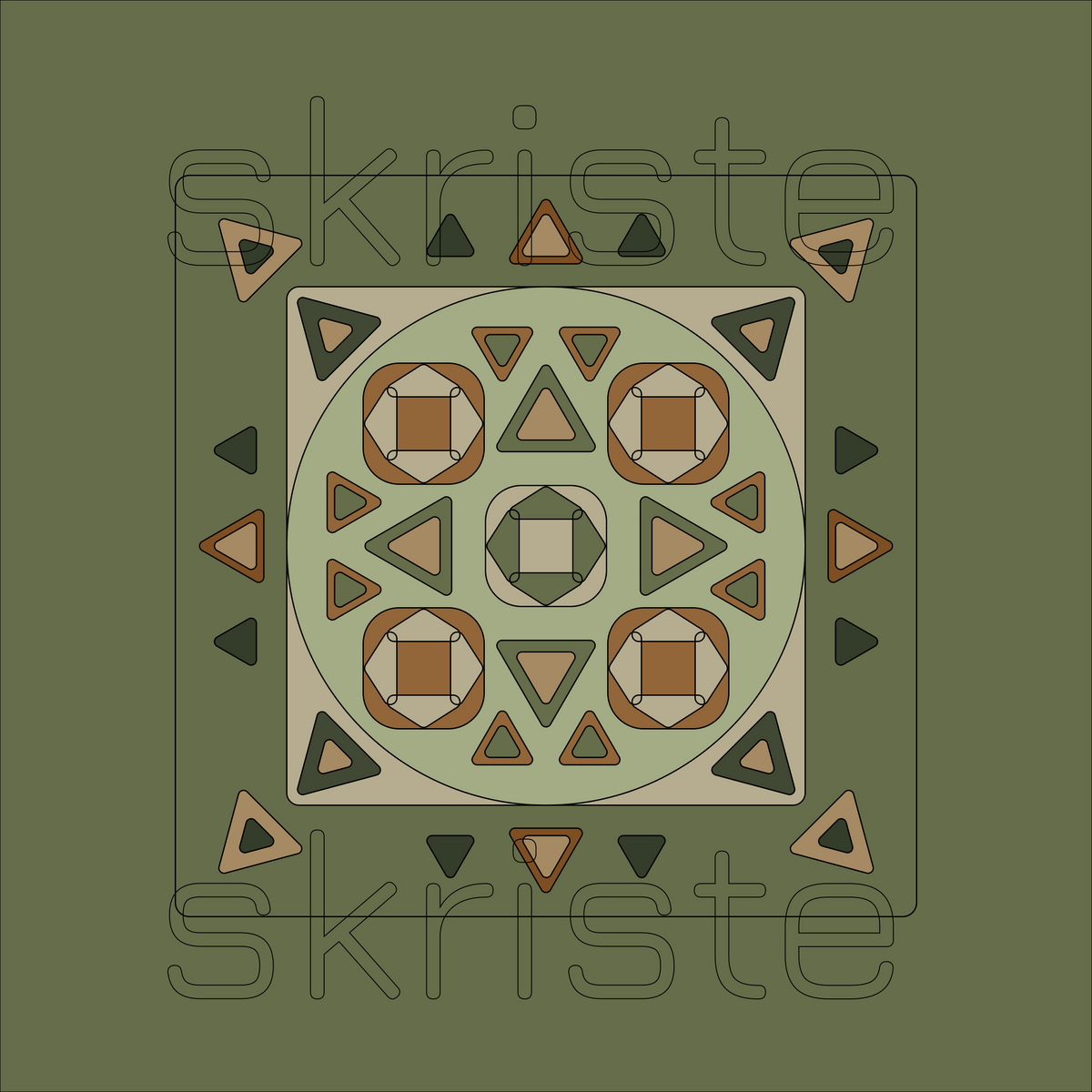 A square abstract geometric design with a central square and circular motif in muted olive, beige, brown, and dark green, surrounded by small repeated corner and side shapes. The word 'skriste' appears faintly across the artwork.