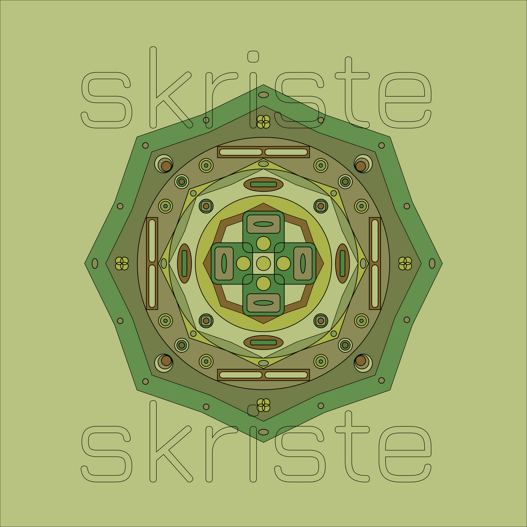 A centered geometric mandala-style design in layered green, olive, beige, and brown tones on a light olive background, with a faint repeated 'skriste' watermark behind it.