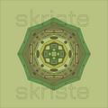 A centered geometric mandala-style design in layered green, olive, beige, and brown tones on a light olive background, with a faint repeated 'skriste' watermark behind it.
