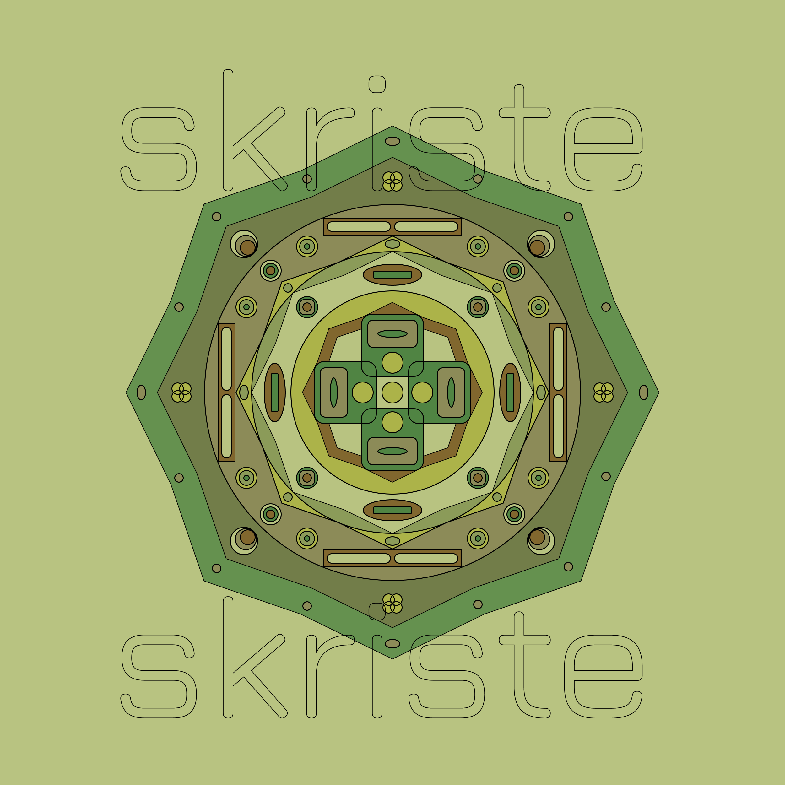 A centered geometric mandala-style design in layered green, olive, beige, and brown tones on a light olive background, with a faint repeated 'skriste' watermark behind it.