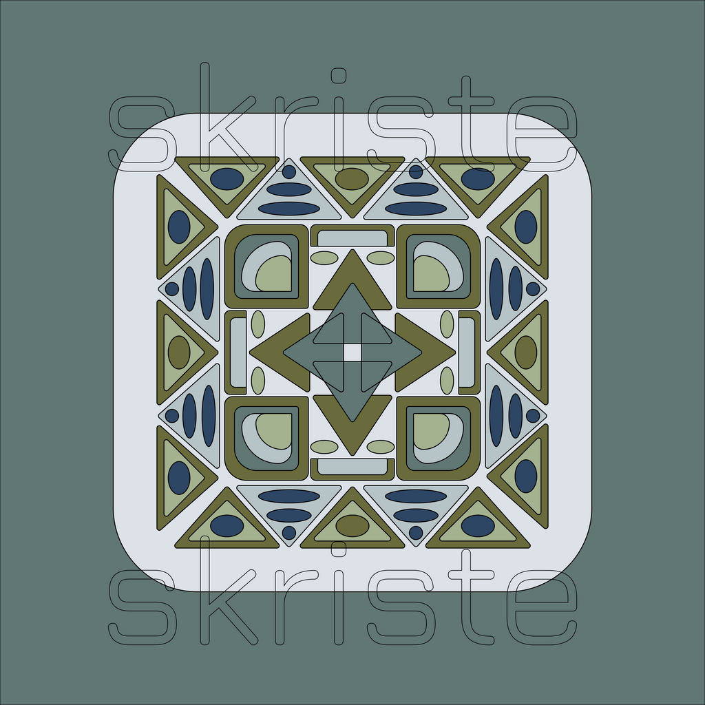 Navy blue, olive green, and sage geometric wall art design on a muted blue-gray background