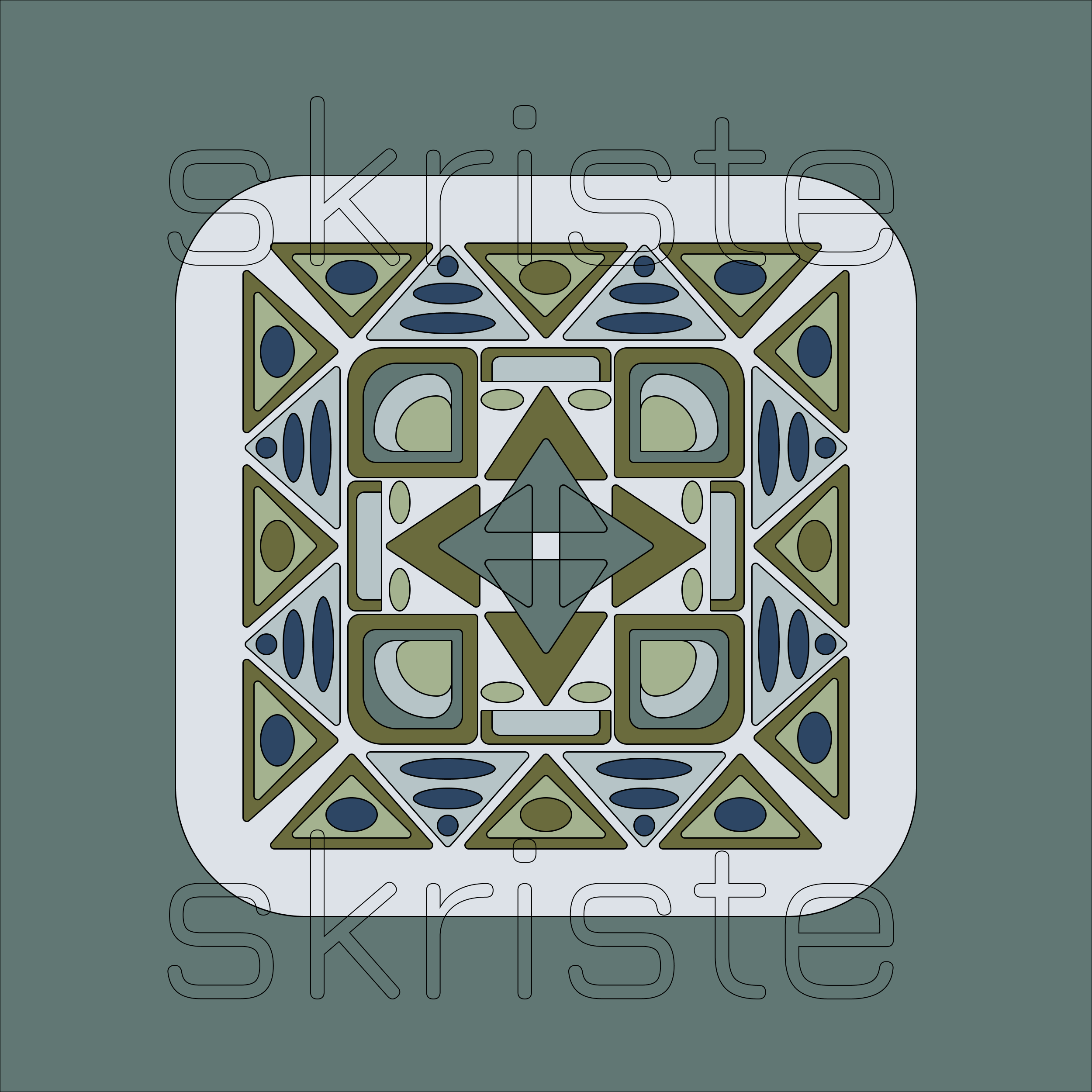 Navy blue, olive green, and sage geometric wall art design on a muted blue-gray background
