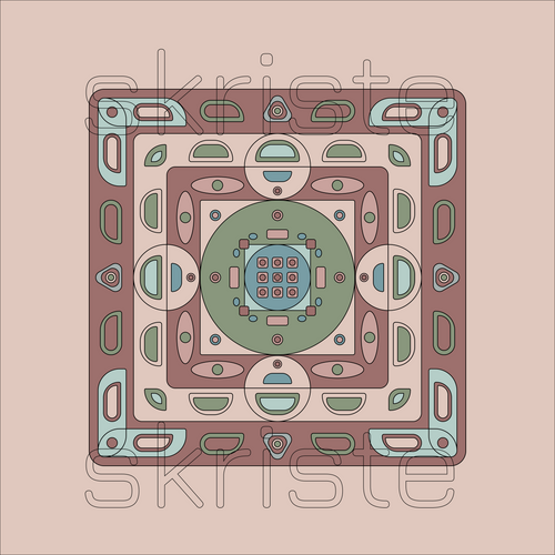 Dusty rose, sage green, and muted blue geometric wall art design on a soft blush background
