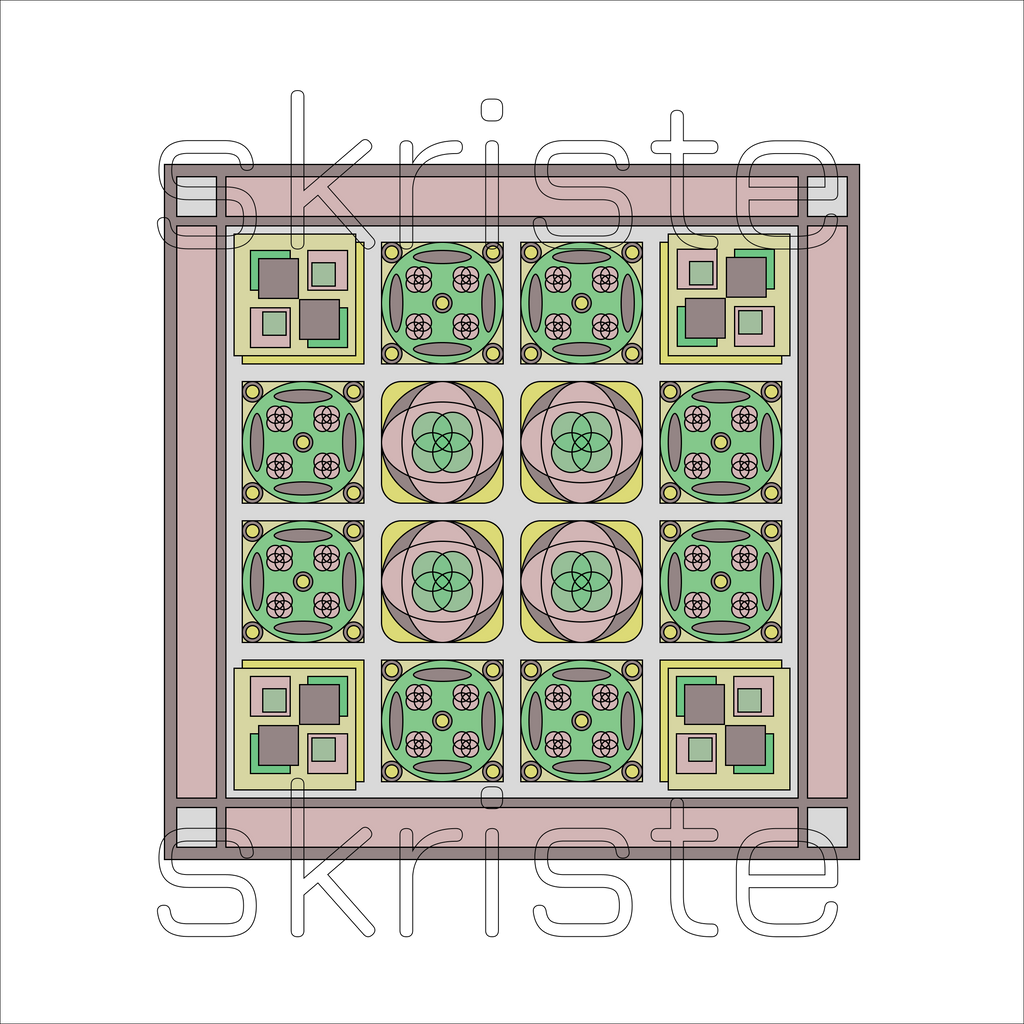 A top-down view of a square quilt or textile pattern featuring a 3x5 grid of geometric and floral motifs in green, pink, yellow, and gray, framed by a dusty pink border on a white background with a faint 'skriste' watermark.