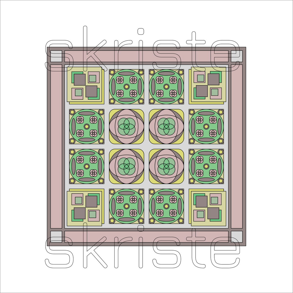 A top-down view of a square quilt or textile pattern featuring a 3x5 grid of geometric and floral motifs in green, pink, yellow, and gray, framed by a dusty pink border on a white background with a faint 'skriste' watermark.