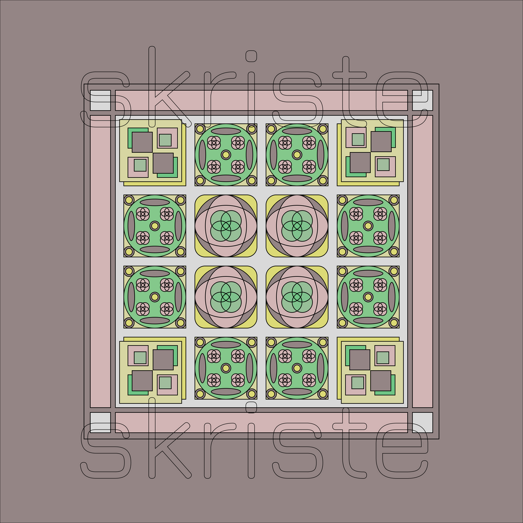 A square decorative tile or rug design shown from above on a plain taupe background. The pattern consists of a pink border and a central grid of geometric motifs in green, yellow, lavender, and gray, with a faint repeated 'skriste' watermark across the image.