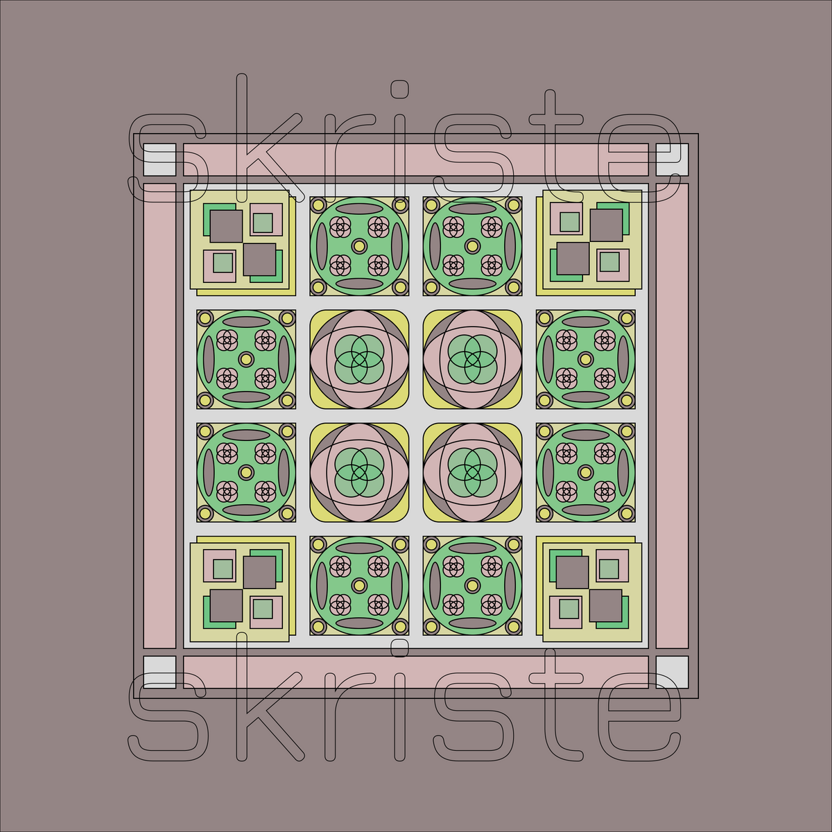 A square decorative tile or rug design shown from above on a plain taupe background. The pattern consists of a pink border and a central grid of geometric motifs in green, yellow, lavender, and gray, with a faint repeated 'skriste' watermark across the image.