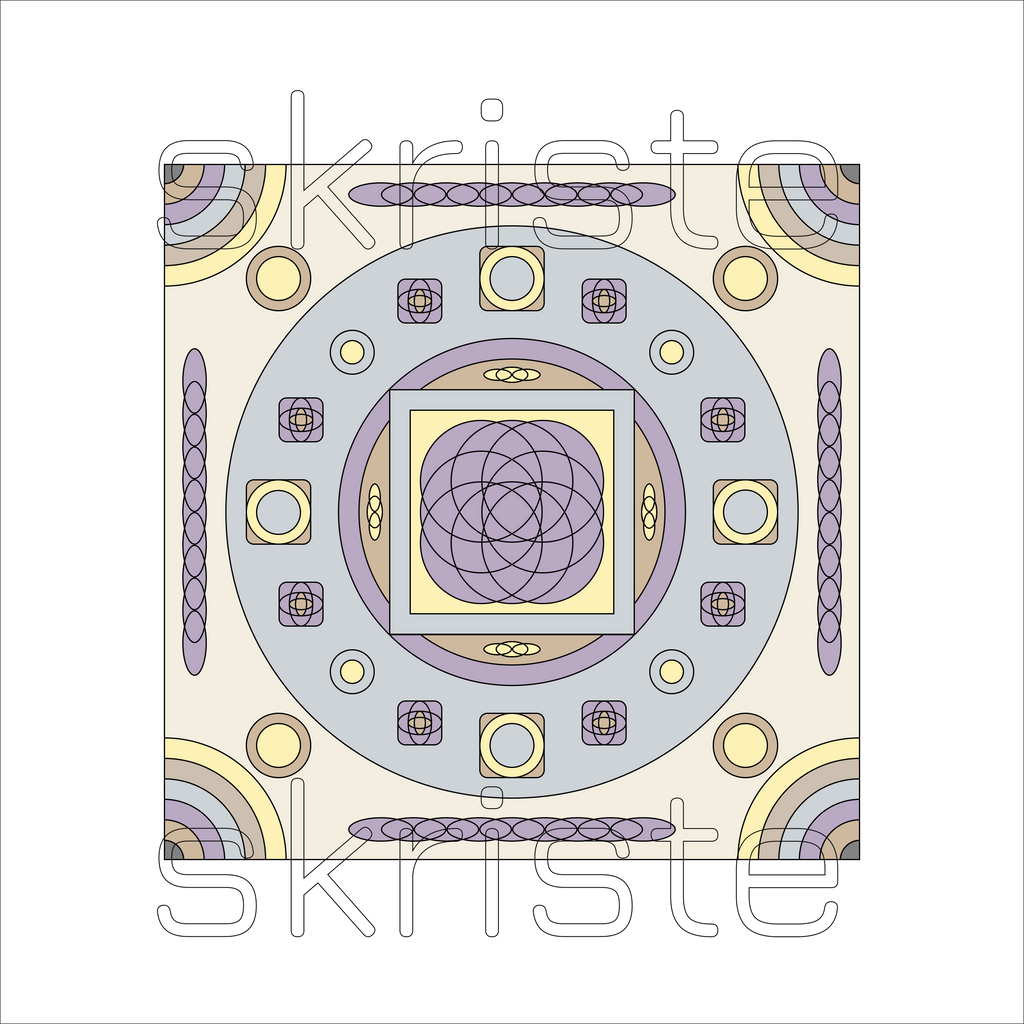 Geometric printable wall art with layered circles, squares, and ornamental motifs in lavender, soft yellow, and gray tones, transparent background