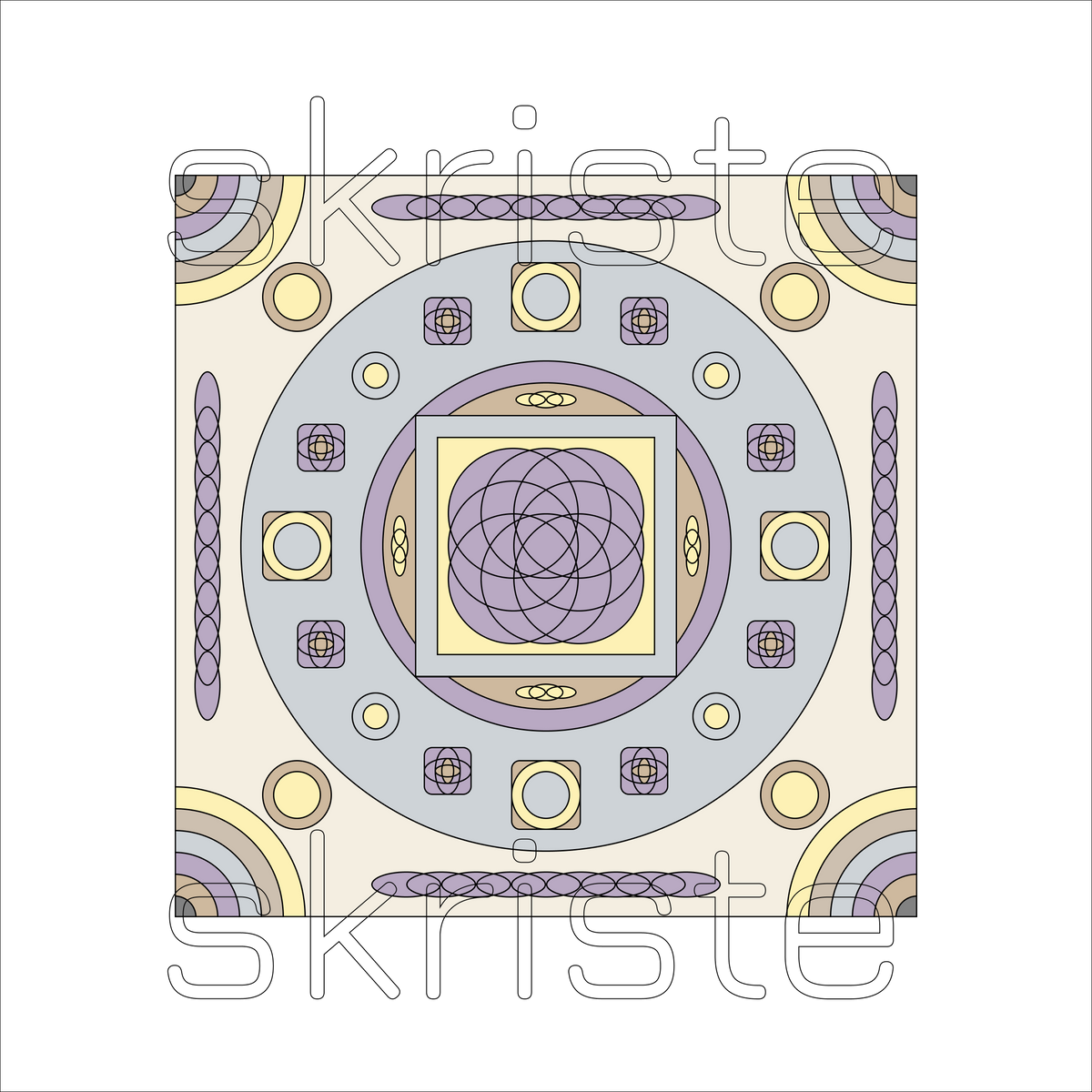 Geometric printable wall art with layered circles, squares, and ornamental motifs in lavender, soft yellow, and gray tones, transparent background