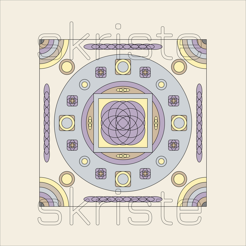 A square decorative art print featuring a symmetrical geometric mandala design in lavender, yellow, and gray on a cream background, with a faint 'skriste' watermark across the center.