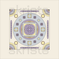 A square decorative art print featuring a symmetrical geometric mandala design in lavender, yellow, and gray on a cream background, with a faint 'skriste' watermark across the center.