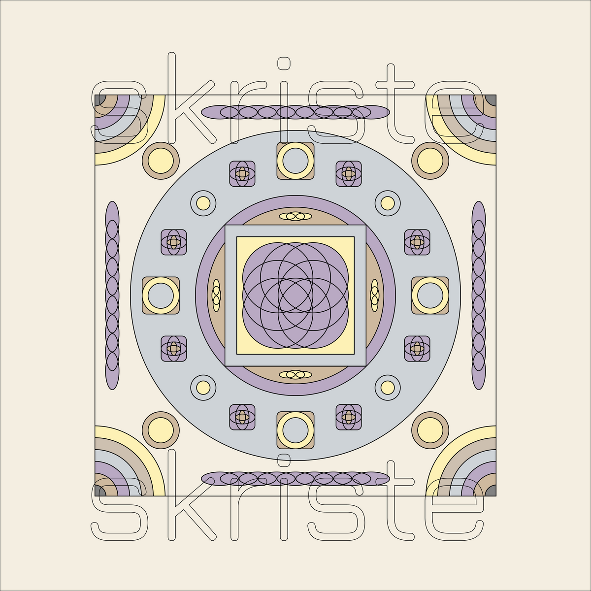 A square decorative art print featuring a symmetrical geometric mandala design in lavender, yellow, and gray on a cream background, with a faint 'skriste' watermark across the center.