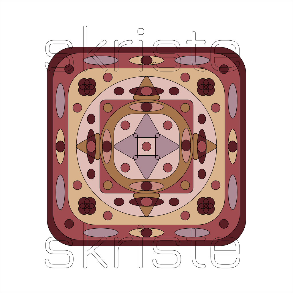 A square abstract geometric artwork with layered rounded corners and symmetrical circular, oval, and diamond motifs in rust red, beige, brown, pink, and gray on a white background. A faint large 'skriste' watermark is visible behind the piece.