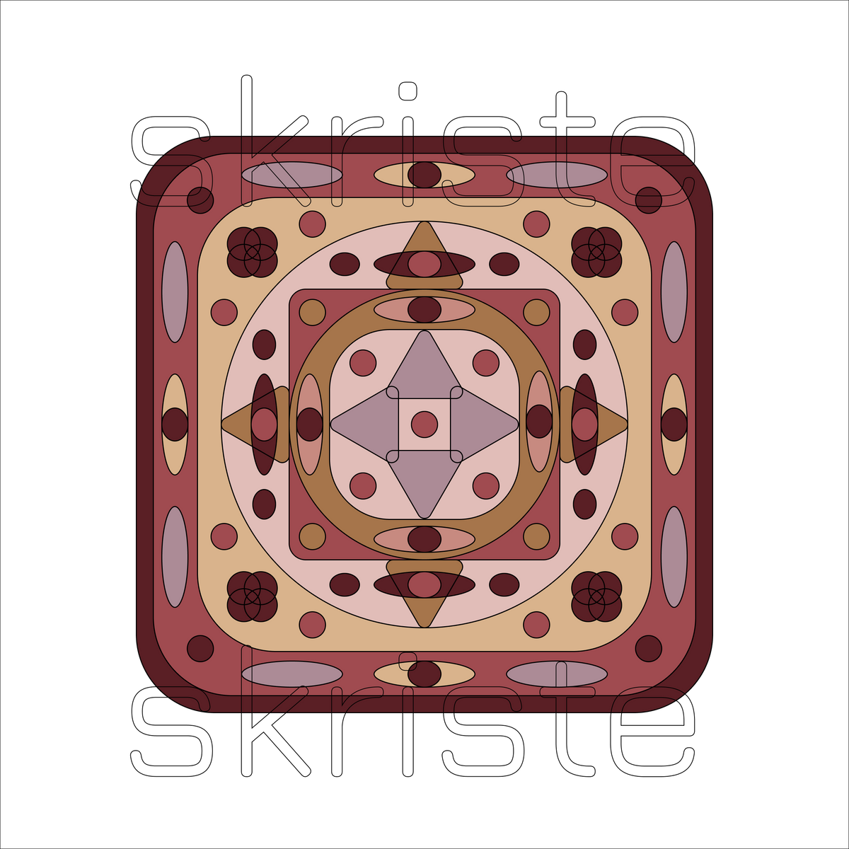 A square abstract geometric artwork with layered rounded corners and symmetrical circular, oval, and diamond motifs in rust red, beige, brown, pink, and gray on a white background. A faint large 'skriste' watermark is visible behind the piece.