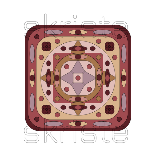 A square abstract geometric artwork with layered rounded corners and symmetrical circular, oval, and diamond motifs in rust red, beige, brown, pink, and gray on a white background. A faint large 'skriste' watermark is visible behind the piece.
