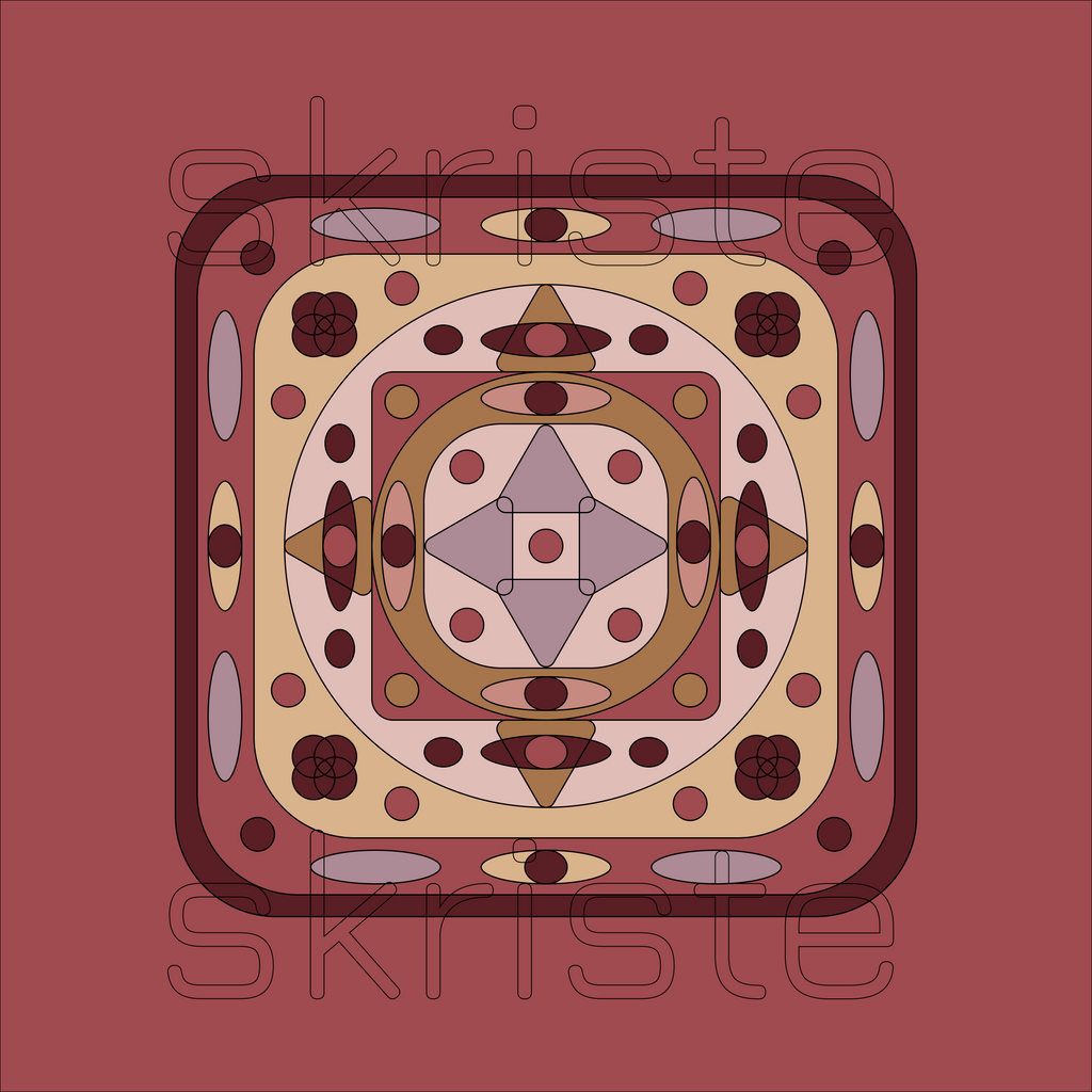 A square graphic design with a symmetrical geometric pattern in shades of terracotta, beige, brown, and gray, with the word 'skriste' outlined in dark red at the bottom.