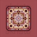 A square graphic design with a symmetrical geometric pattern in shades of terracotta, beige, brown, and gray, with the word 'skriste' outlined in dark red at the bottom.