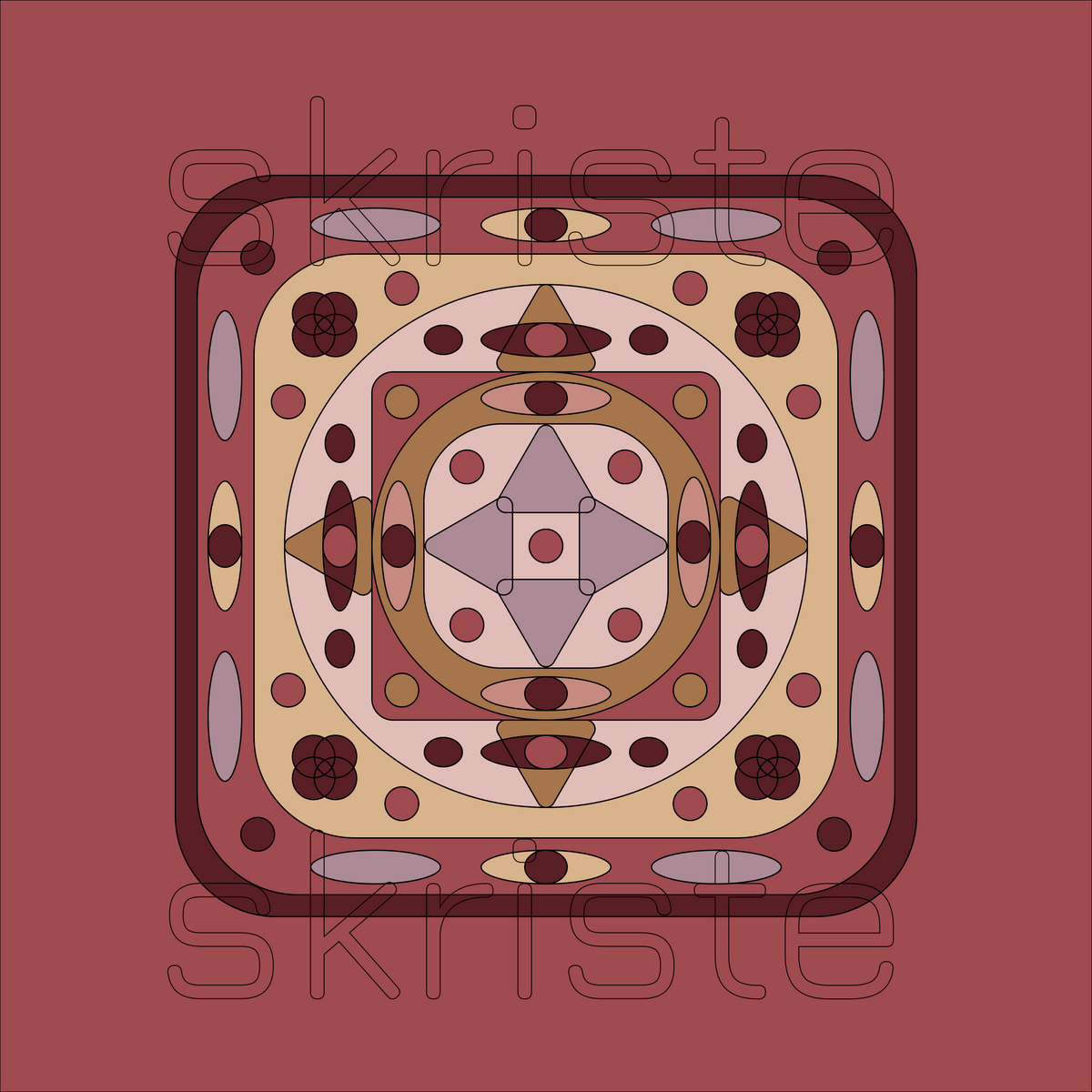 A square graphic design with a symmetrical geometric pattern in shades of terracotta, beige, brown, and gray, with the word 'skriste' outlined in dark red at the bottom.
