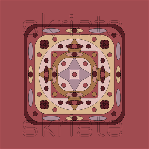 A square graphic design with a symmetrical geometric pattern in shades of terracotta, beige, brown, and gray, with the word 'skriste' outlined in dark red at the bottom.