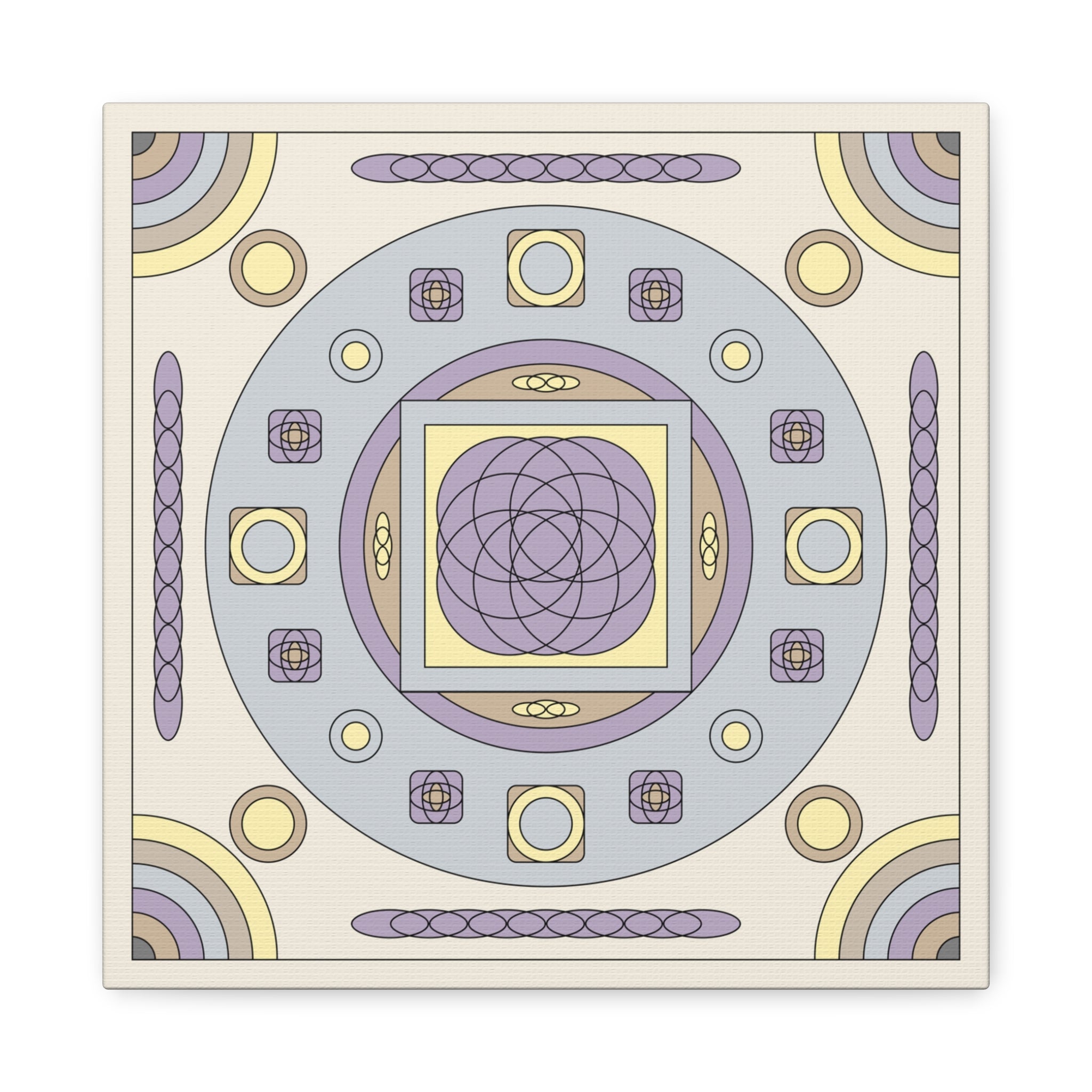 Geometric design with concentric circles and patterns on a beige background