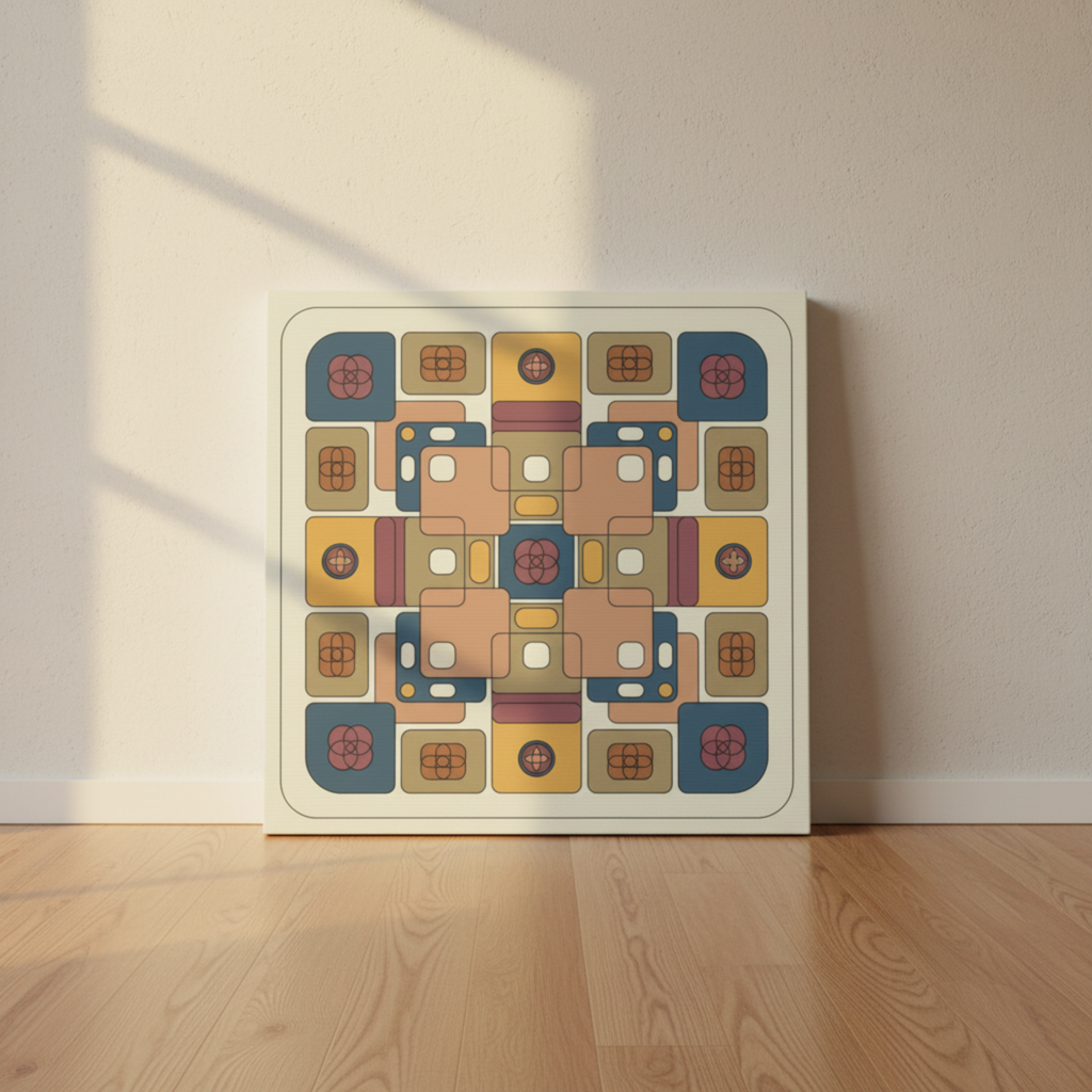 Colorful geometric patterned artwork on a white wall.