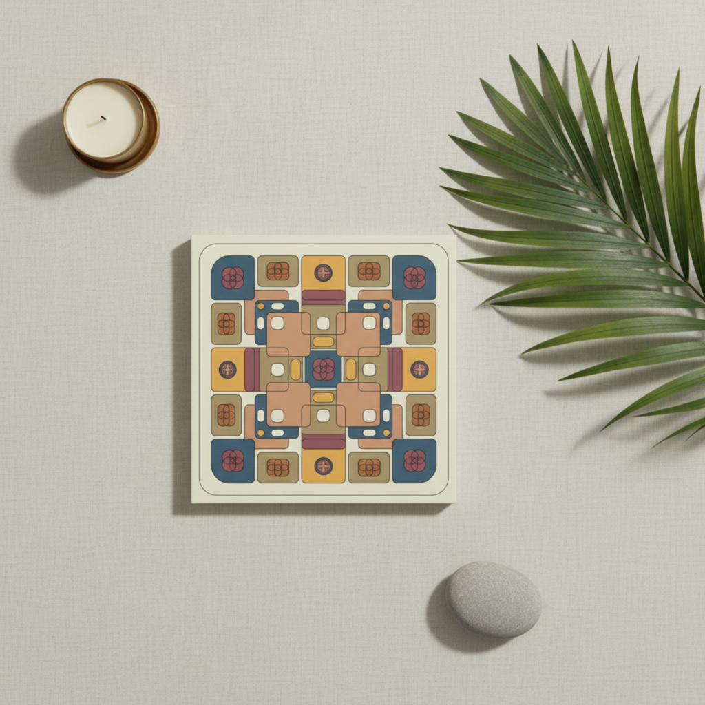 Colorful geometric patterned coaster on a light surface with a candle and leaf
