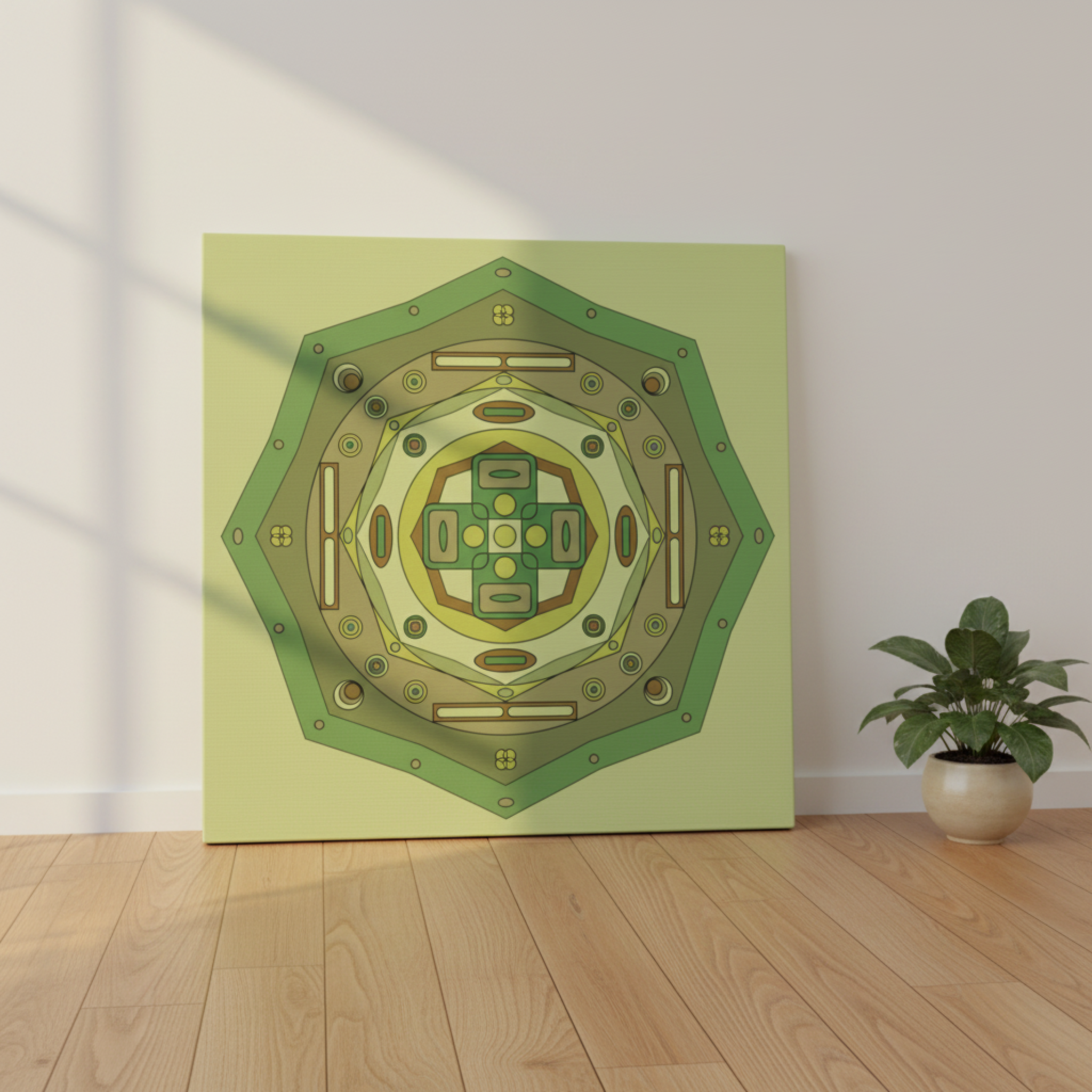 Decorative wall art with geometric design on a light green background, placed on a wooden floor.