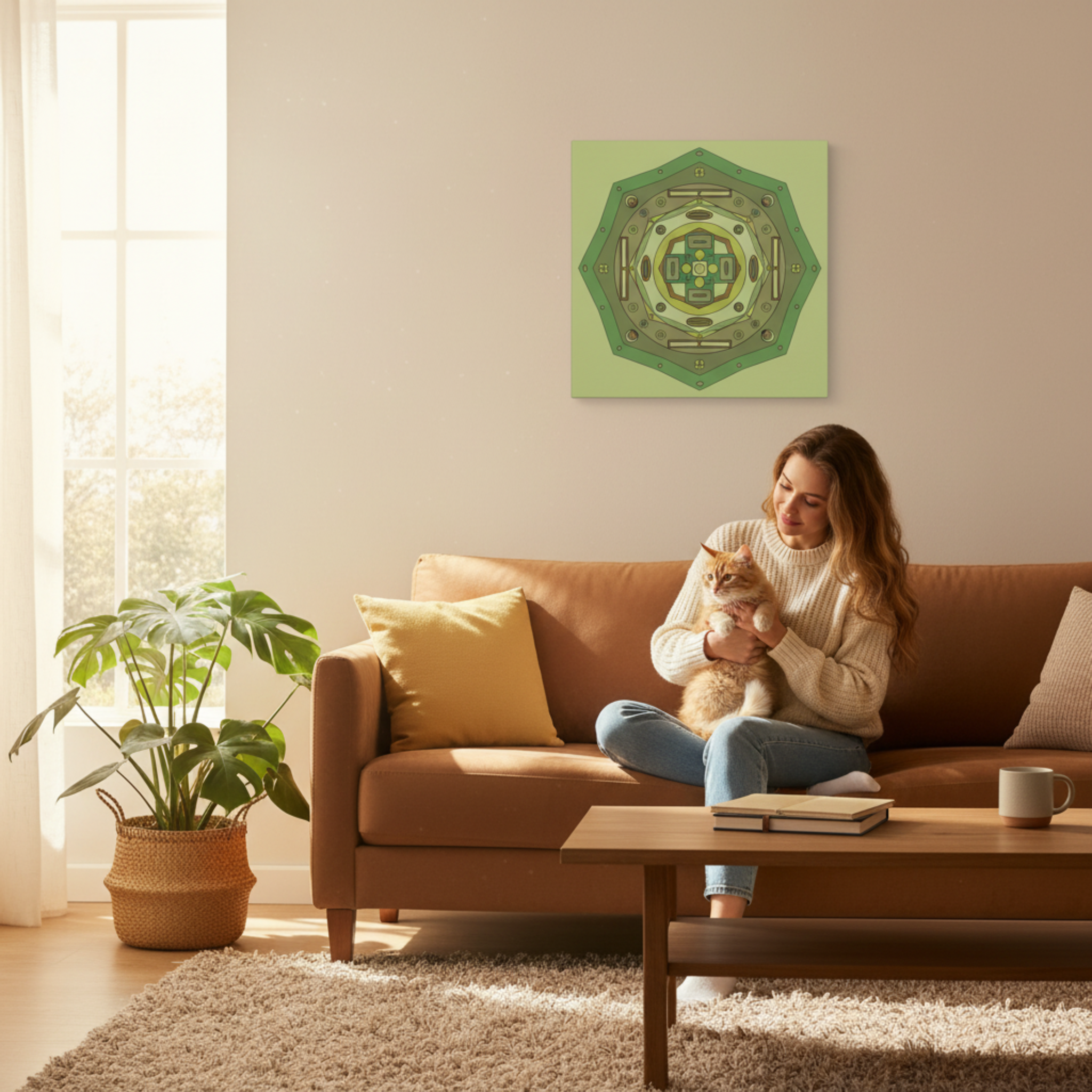 Woman sitting on a brown couch with a cat, holding a plant, in a bright living room.