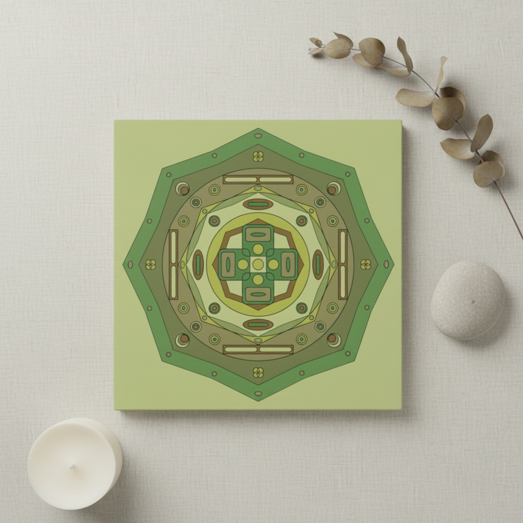 Decorative wall art with geometric design on a light green background, placed on a textured surface with a candle and plant.