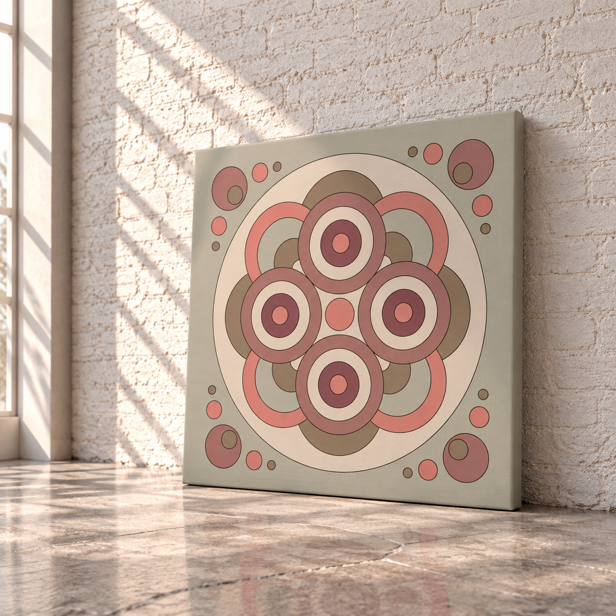 A square canvas wall art print with a retro mid-century modern geometric design, leaning against a white brick wall on a polished concrete floor.