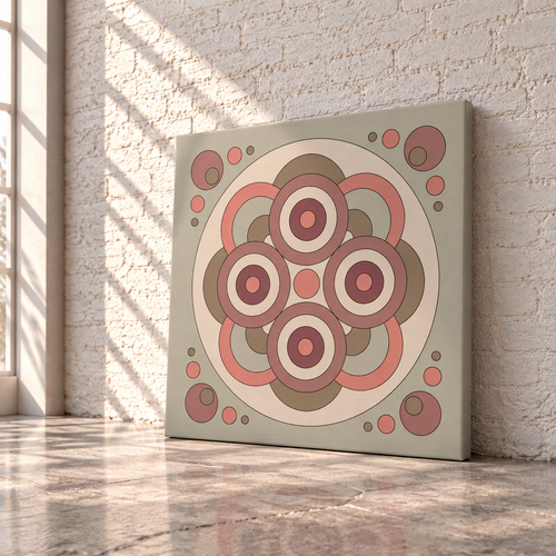 A square canvas wall art print with a retro mid-century modern geometric design, leaning against a white brick wall on a polished concrete floor.