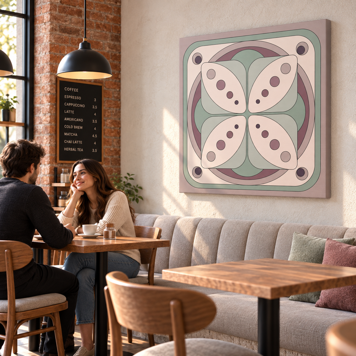 A large square canvas wall art print featuring a retro 1950s-style geometric butterfly design in muted sage green, lavender, cream, and taupe, hanging on a light gray wall in a cozy, sunlit cafe with a couple seated at a wooden table in the foreground.