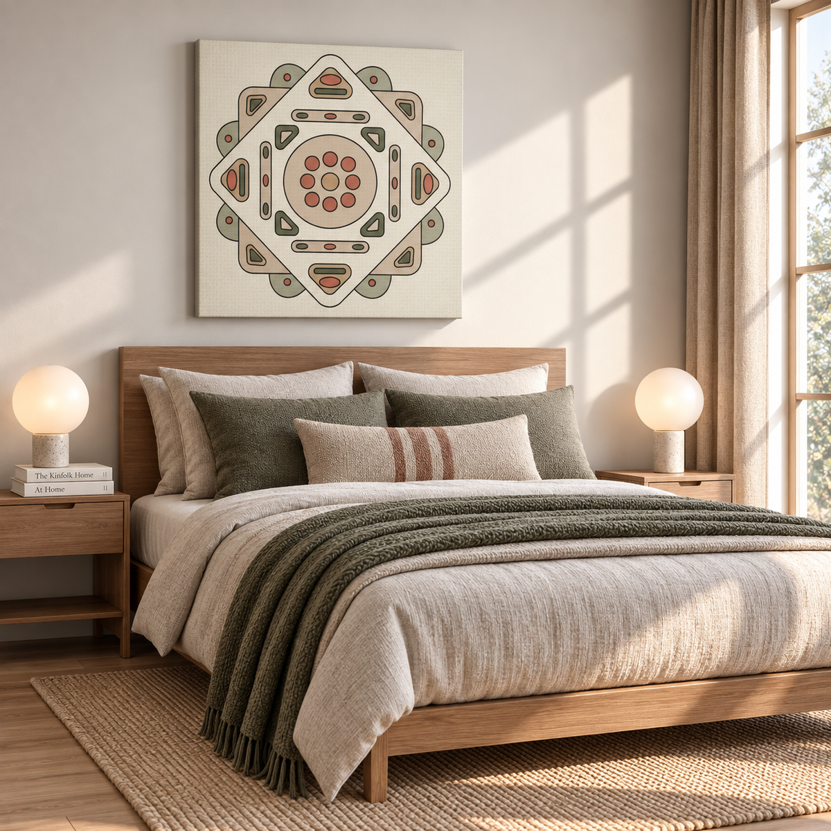 A styled bedroom scene with a wooden bed dressed in beige and olive bedding and a textured throw blanket, beneath a square wall art piece featuring a geometric mandala design in beige, olive green, and terracotta tones.