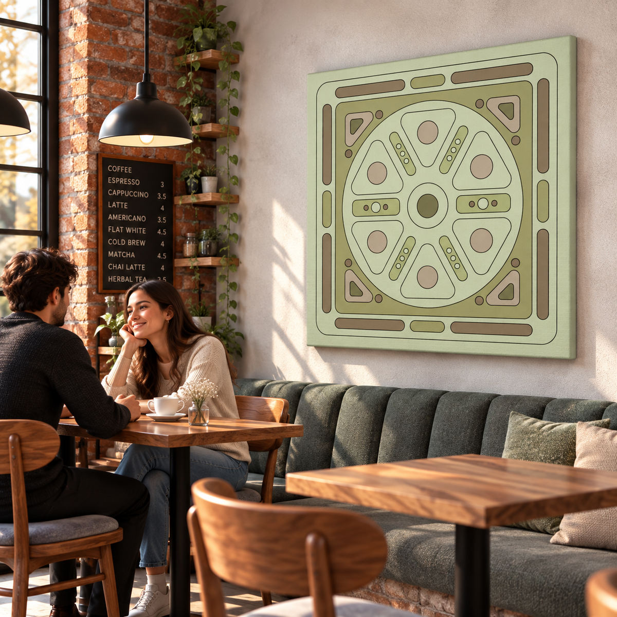 A large square wall art print featuring a retro geometric pattern in sage green, beige, and brown, displayed on a wall in a cozy, sunlit cafe with a couple seated at a wooden table below.