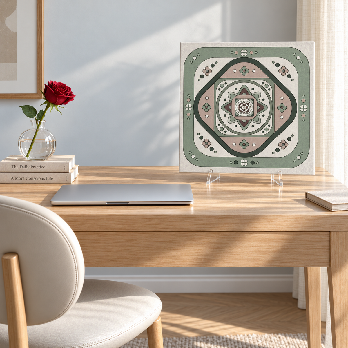 A square decorative art print with a geometric mandala pattern in sage green, beige, and dark gray, displayed on a light wood desk in a bright, modern room with a chair, laptop, and a red rose.