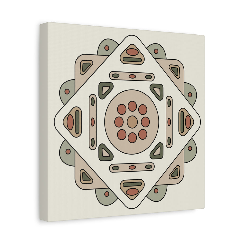 A square canvas wall art print featuring a retro geometric mandala design in muted beige, brown, olive green, and terracotta tones on a cream background.