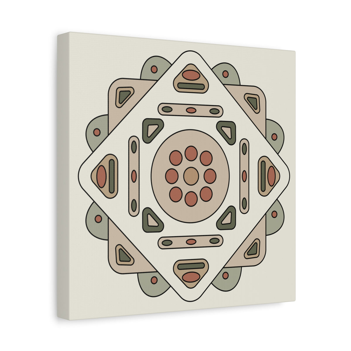 A square canvas wall art print featuring a retro geometric mandala design in muted beige, brown, olive green, and terracotta tones on a cream background.