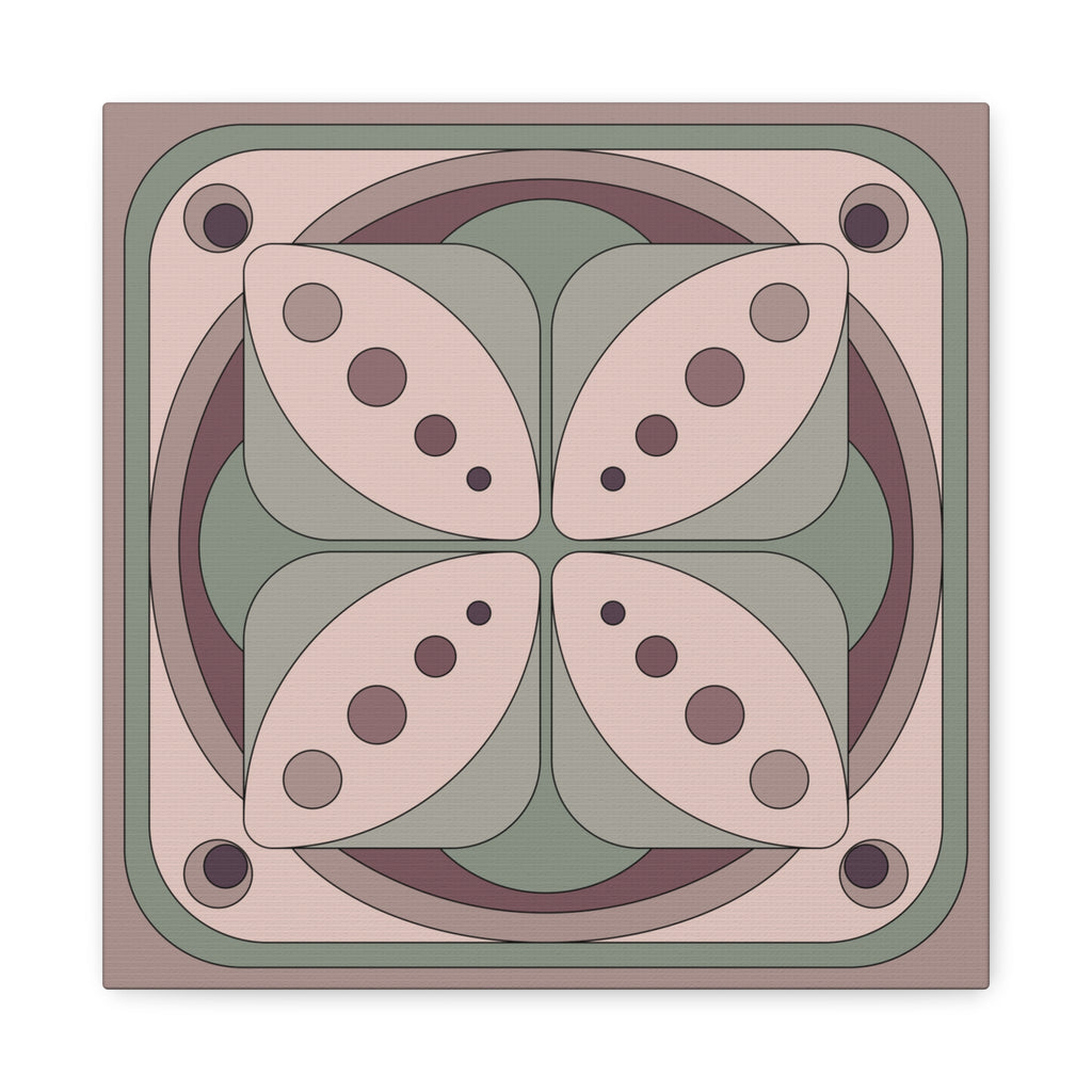A square decorative tile or coaster featuring a symmetrical retro floral pattern in muted shades of dusty pink, sage green, mauve, and dark plum, shown on a clean white background.