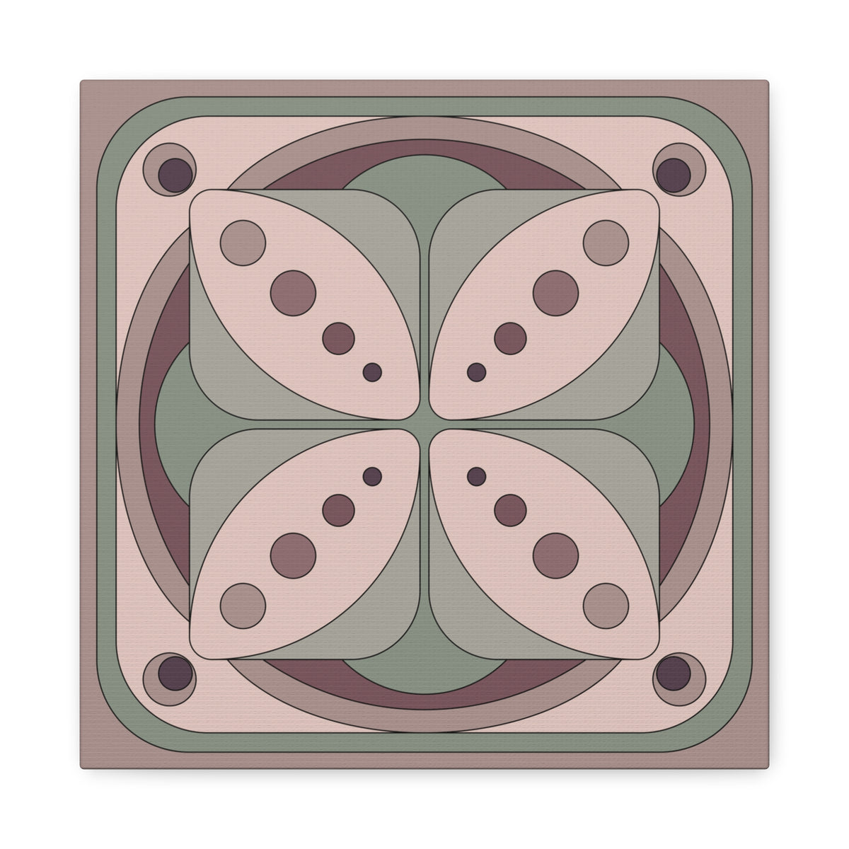 A square decorative tile or coaster featuring a symmetrical retro floral pattern in muted shades of dusty pink, sage green, mauve, and dark plum, shown on a clean white background.