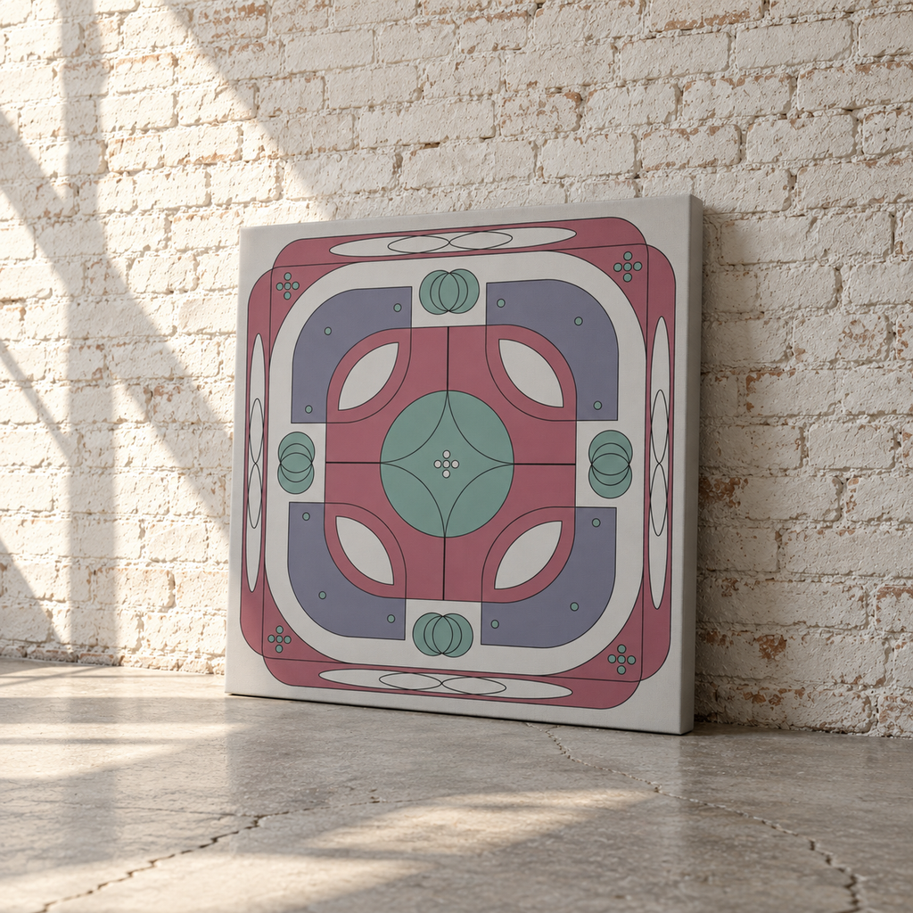 A square canvas print with a retro geometric pattern in dusty pink, sage green, lavender, and white, leaning against a white brick wall on a concrete floor.
