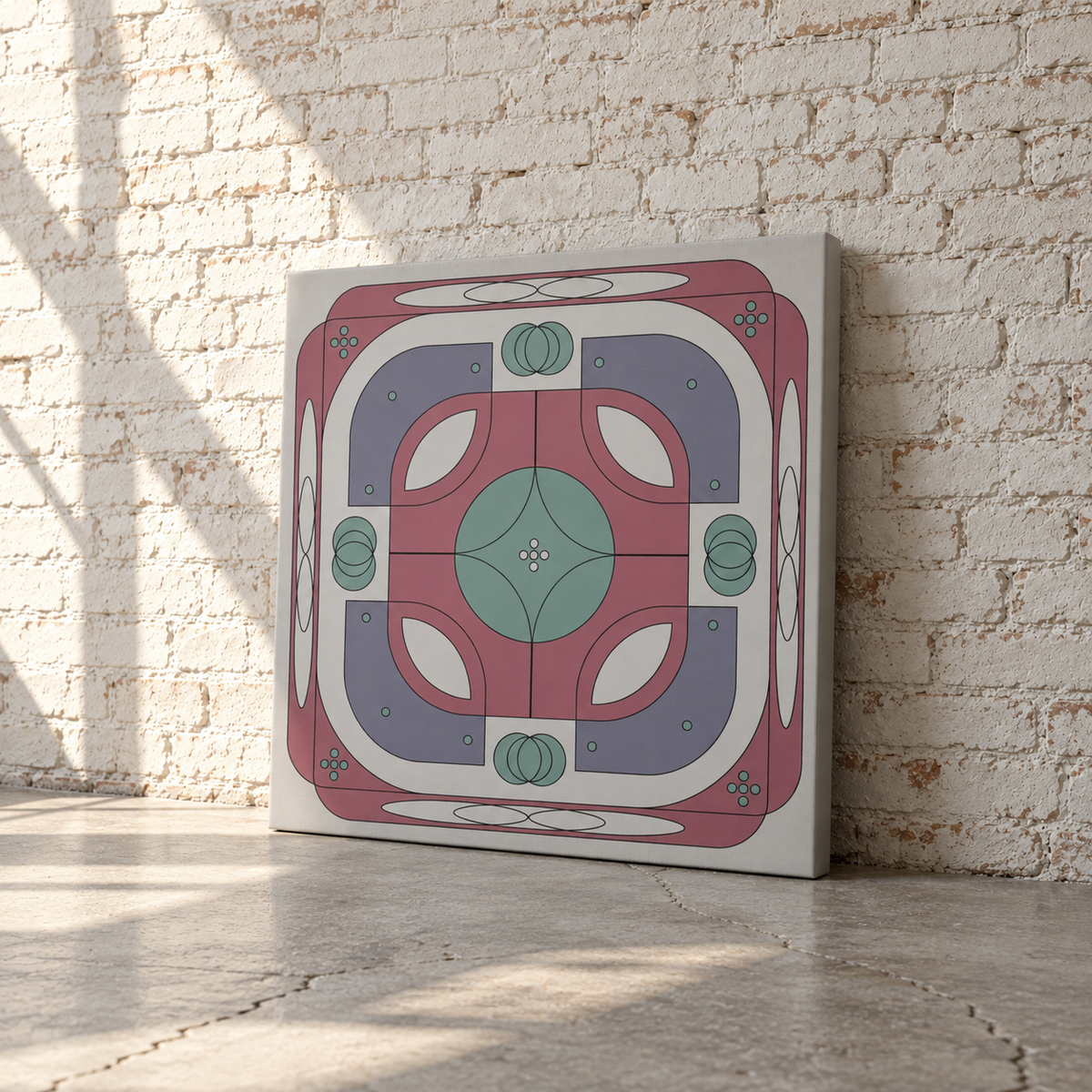 A square canvas print with a retro geometric pattern in dusty pink, sage green, lavender, and white, leaning against a white brick wall on a concrete floor.