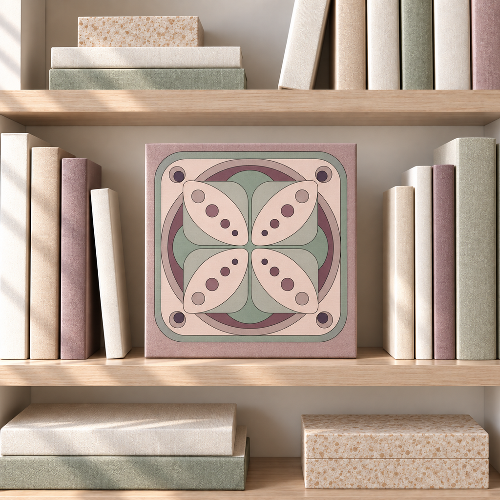 A square decorative art print or tile featuring a symmetrical geometric floral pattern in muted pink, sage green, and mauve tones, displayed on a wooden bookshelf between books.