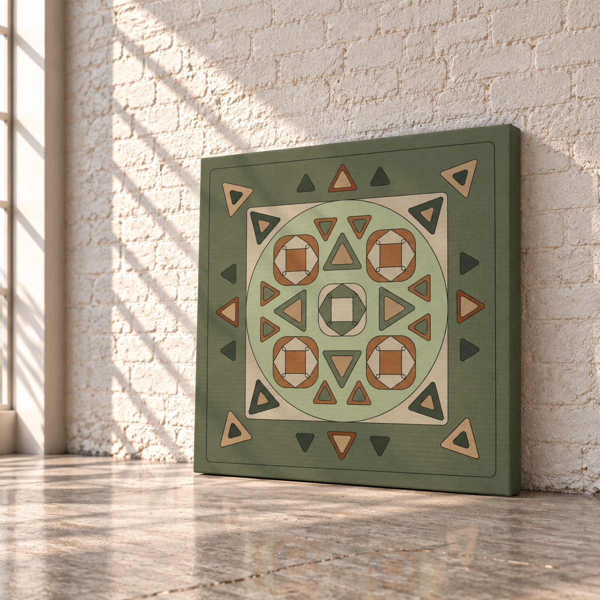 A square canvas wall art print with a geometric design in sage green, beige, and terracotta, leaning against a white brick wall on a polished stone floor.